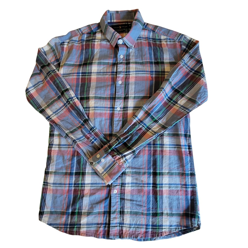 Ralph Lauren Button Down Shirt Mens XL Blue Plaid Custom Fit Long‎ Sleeve Pony
